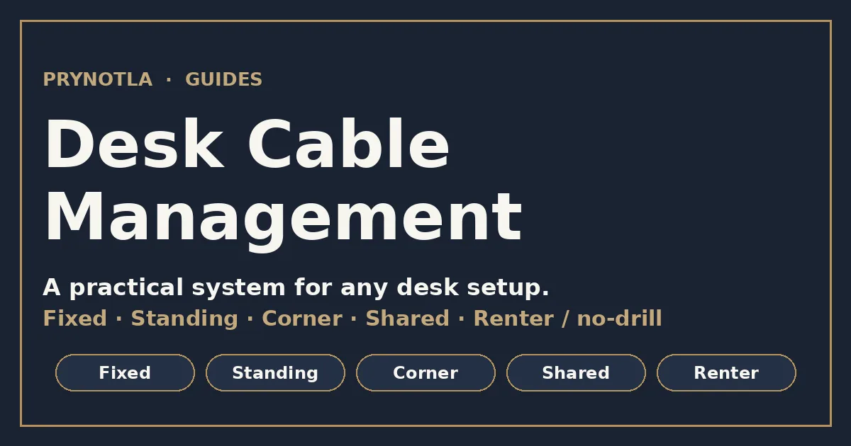 Desk cable management guide with setup-type decision paths for fixed, standing, corner, shared, and renter-safe desks