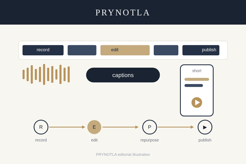PRYNOTLA editorial illustration of a video editing timeline, waveform, captions, and a vertical short-form frame