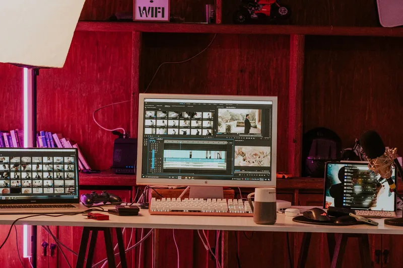 Video editing workstation with dual monitors